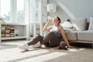 Woman doing home workout for natural weight loss with healthy foods nearby.