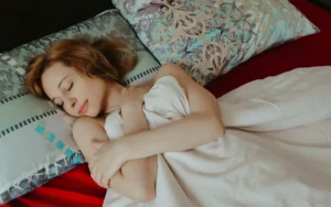 Close-up of shiny healthy hair on luxury mulberry silk pillowcase