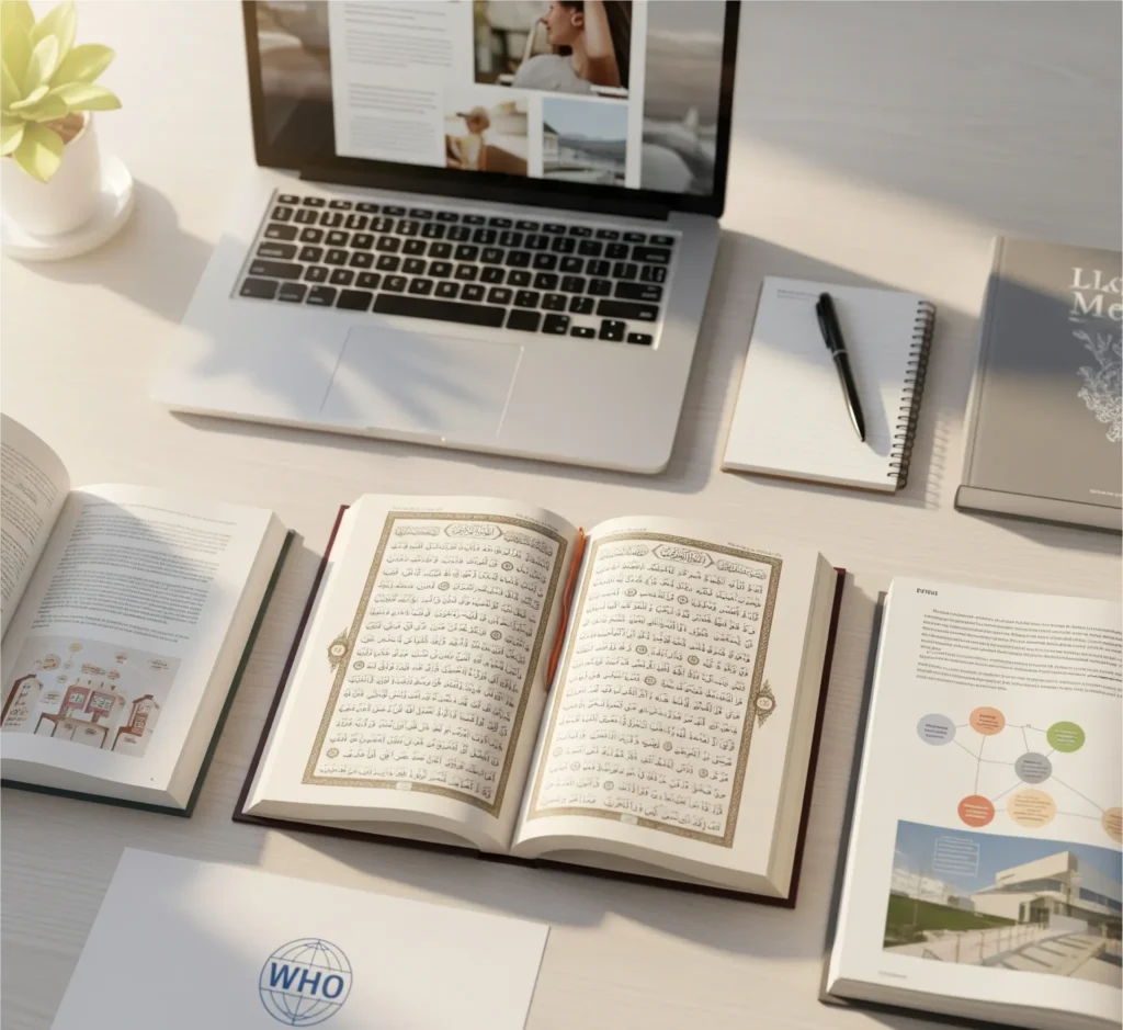 An elegant flat lay with health and wellness books, an open Quran, a notepad, and a laptop on a clean desk. Subtle symbols of trust like the WHO logo icon and safeena.org text on a paper. Soft natural lighting, warm and professional look, representing reliable Islamic health knowledge and guidance.