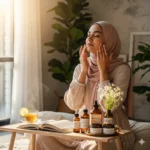 Muslim woman practicing self-care and healthy habits, representing Islamic womenβs wellness and well-being.
