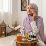 Muslim woman using natural skincare, illustrating Islamic beauty care and modest self-care practices.
