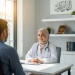 Muslim doctor providing care, representing Islamic health care and wellness practices rooted in faith.