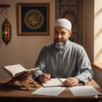 Person reading Quran and taking notes, representing Islamic question answer guidance for faith and daily life.
