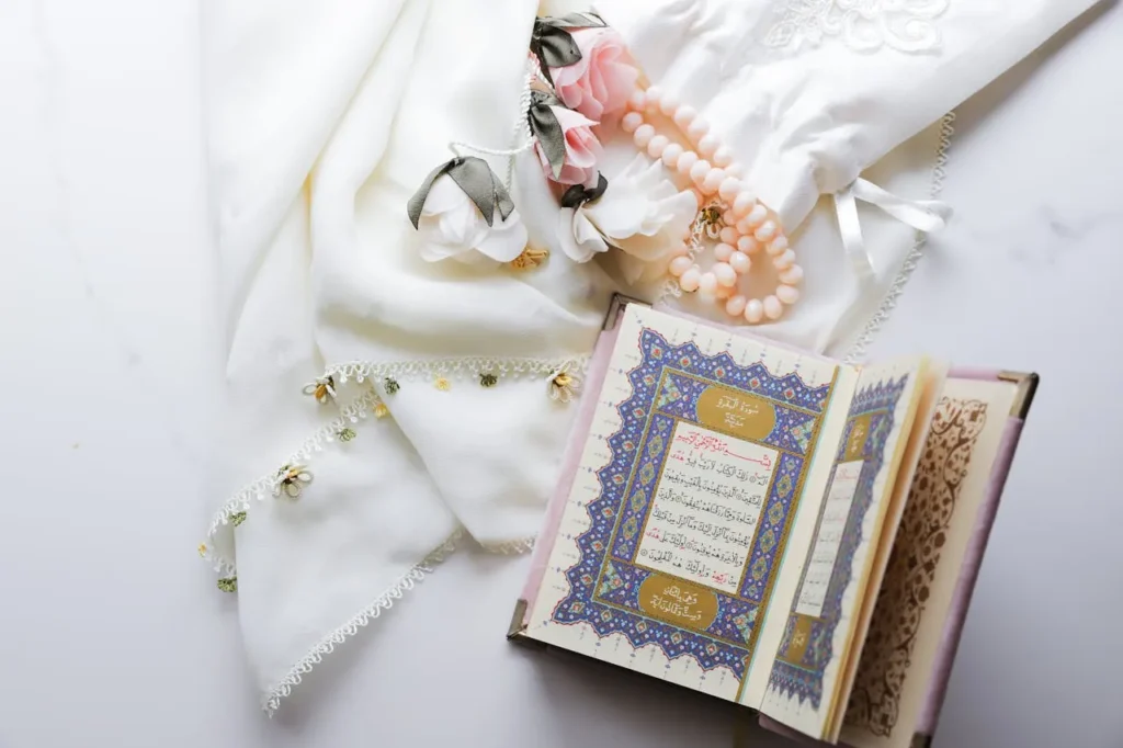 Illustration of Hazrat Fatima (S.A.) health tips symbolized with natural wellness items and spiritual guidance