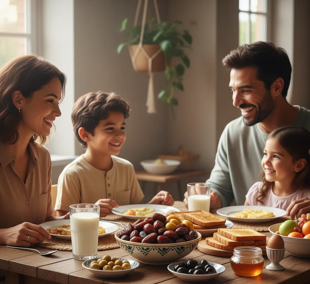 A warm, aspirational image of a family—parents and children—smiling and enjoying a breakfast spread that includes several of the Sunnah foods discussed in the article (e.g., a bowl of dates, a glass of milk, toast with olives).