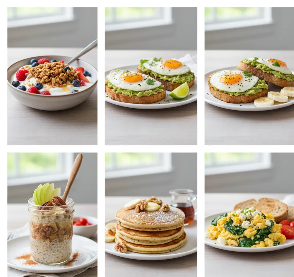 A carousel of five high-quality, bright photos, each showcasing one of the finished breakfast ideas on a simple plate or in a bowl. The visuals should look appealing and achievable, not like professional chef creations.